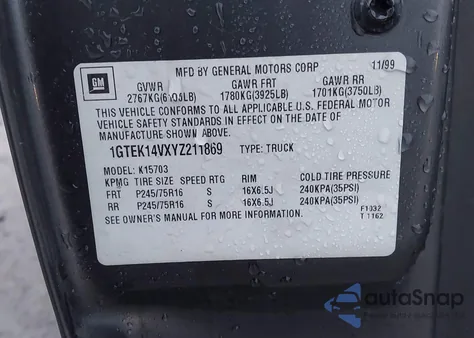 2000 GMC Sierra 1500 Sl z USA, uszkodzony, nr VIN 1GTEK14VXYZ211869